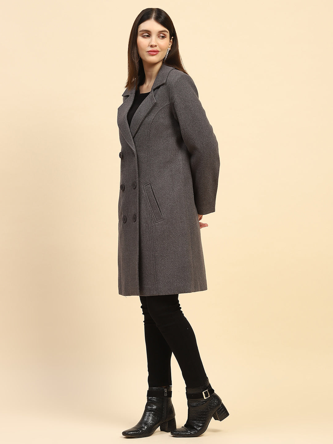 Dark Grey Solid Poly Blend Relaxed Fit Long Coat