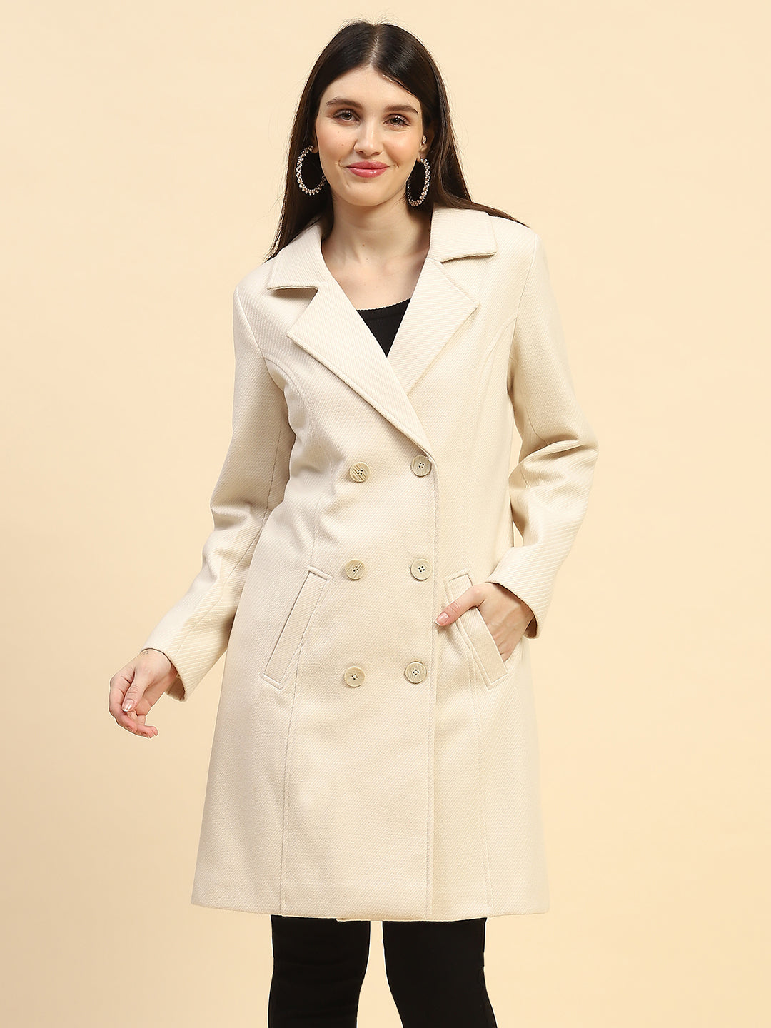 Cream Solid Poly Blend Relaxed Fit Long Coat