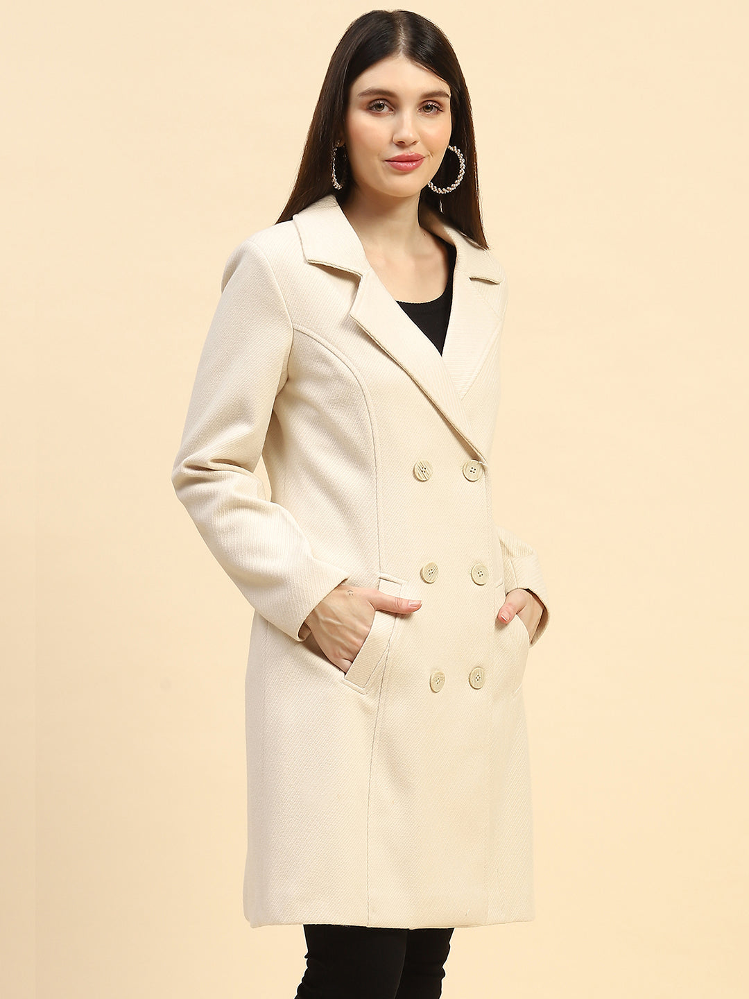 Cream Solid Poly Blend Relaxed Fit Long Coat