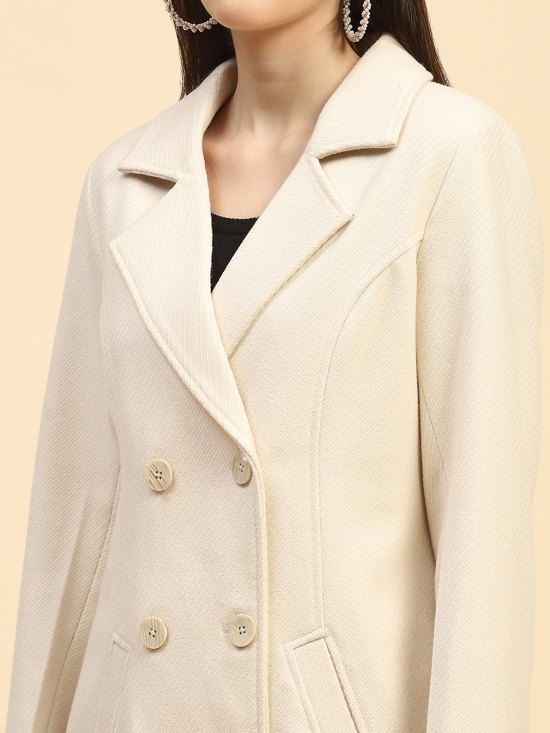 Cream Solid Poly Blend Relaxed Fit Long Coat