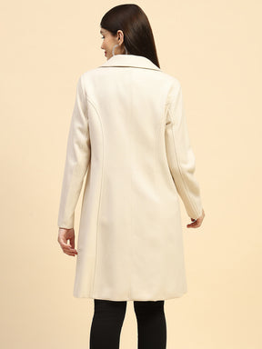 Cream Solid Poly Blend Relaxed Fit Long Coat