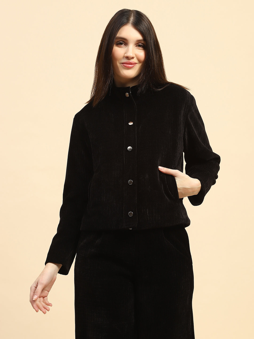 Black Solid Poly Blend Boxy Fit Jacket