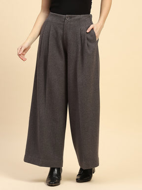 Grey Solid Poly Viscose Loose Fit Wide Leg Trouser For Winter