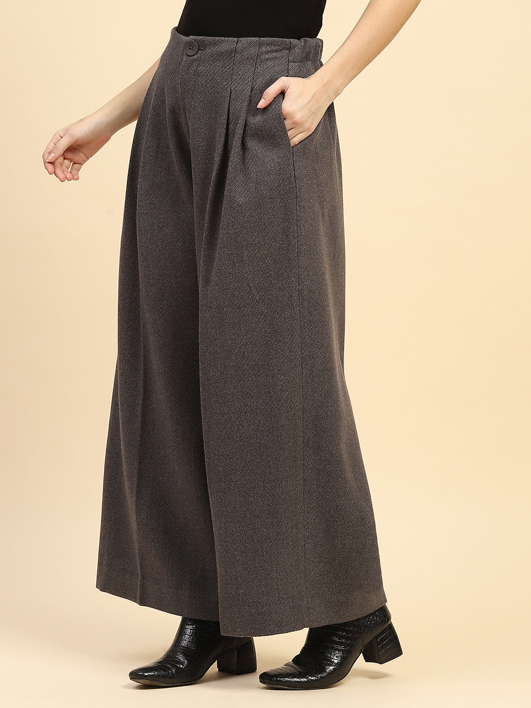 Grey Solid Poly Viscose Loose Fit Wide Leg Trouser For Winter