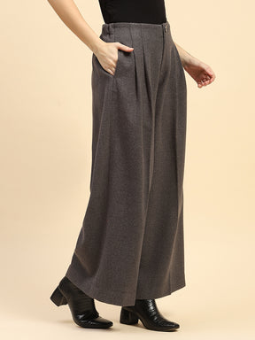 Grey Solid Poly Viscose Loose Fit Wide Leg Trouser For Winter