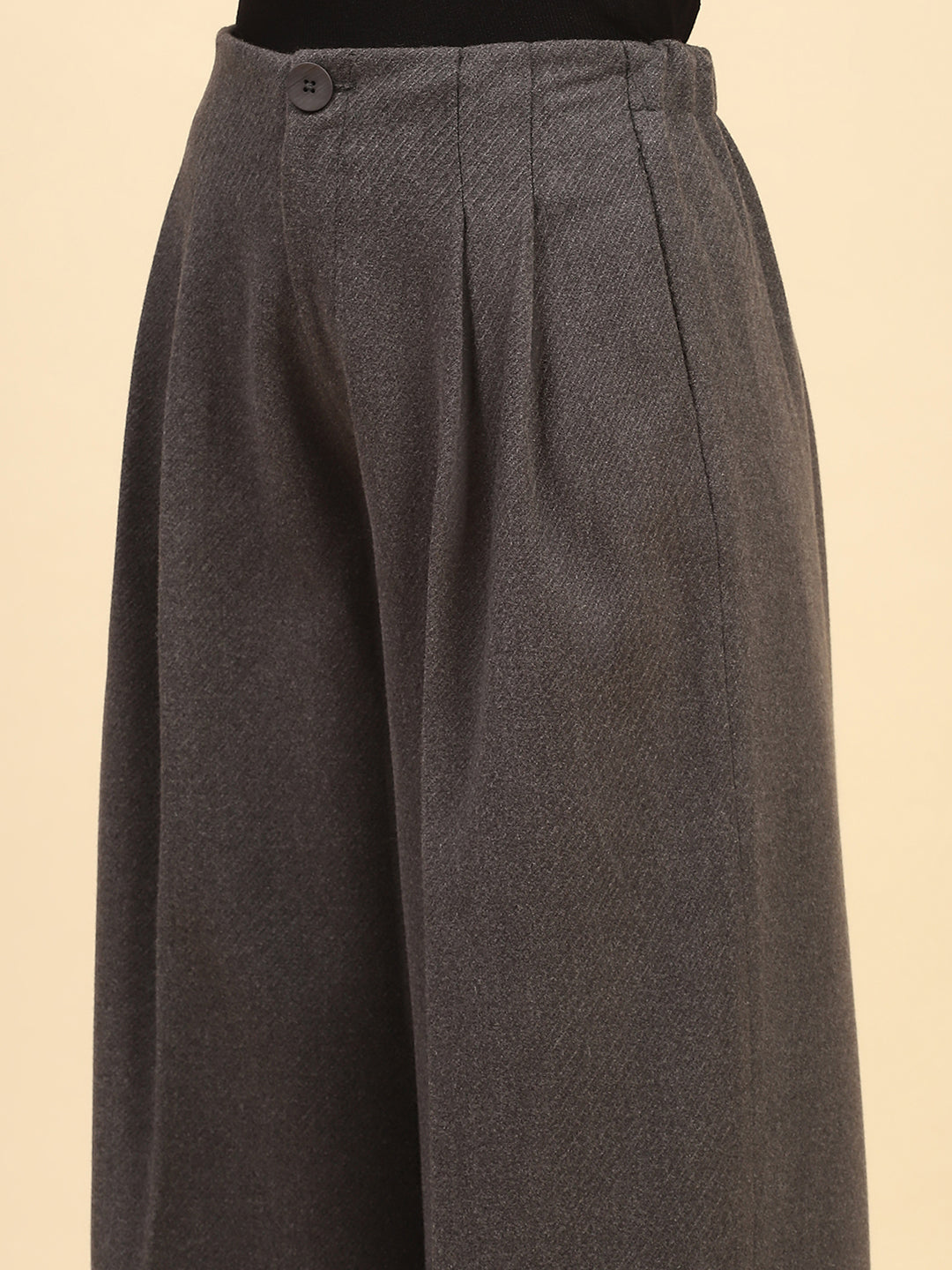 Grey Solid Poly Viscose Loose Fit Wide Leg Trouser For Winter