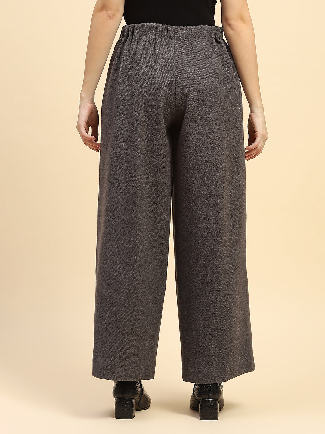 Grey Solid Poly Viscose Loose Fit Wide Leg Trouser For Winter