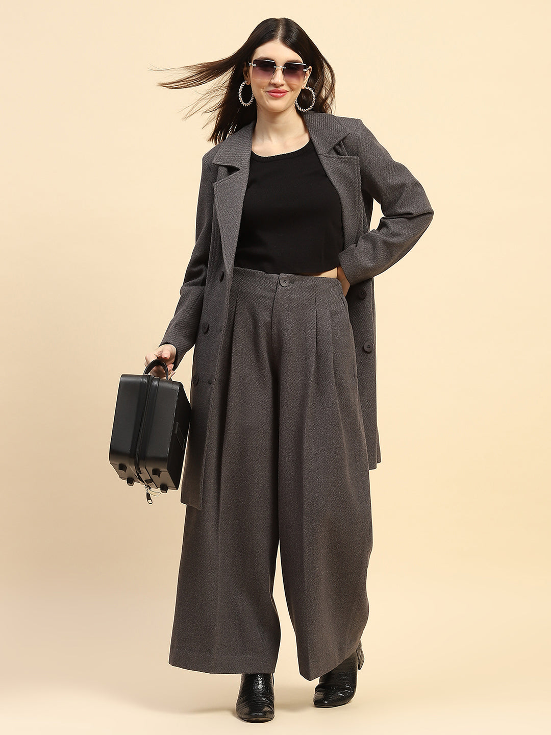 Grey Solid Poly Viscose Loose Fit Wide Leg Trouser For Winter