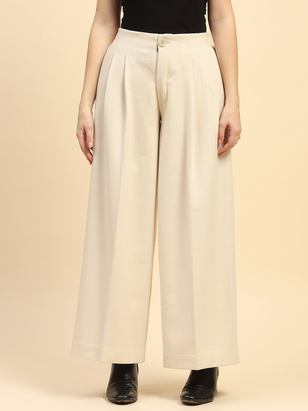 Cream Solid Poly Viscose Loose Fit Wide Leg Trouser For Winter