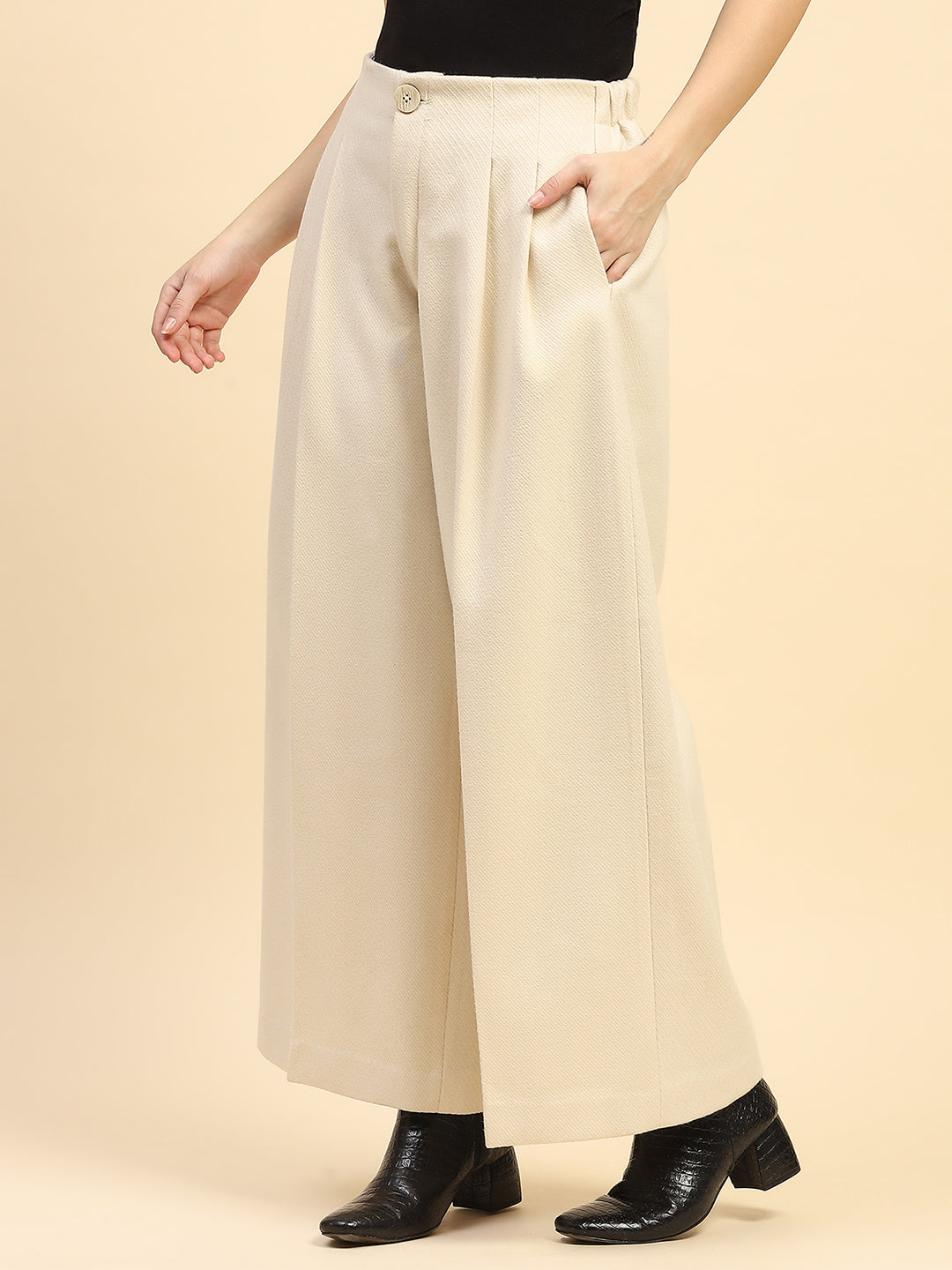 Cream Solid Poly Viscose Loose Fit Wide Leg Trouser For Winter