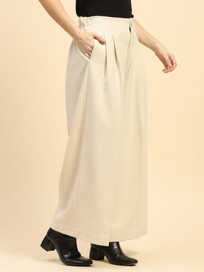 Cream Solid Poly Viscose Loose Fit Wide Leg Trouser For Winter