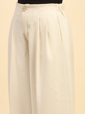 Cream Solid Poly Viscose Loose Fit Wide Leg Trouser For Winter