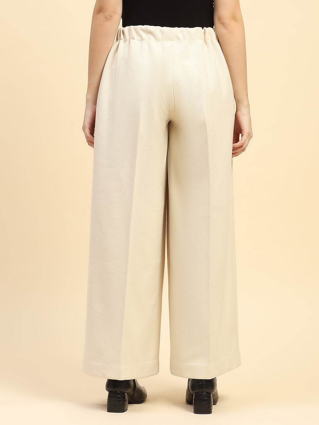 Cream Solid Poly Viscose Loose Fit Wide Leg Trouser For Winter