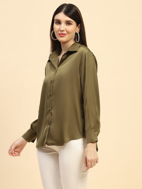 Russion Olive Solid Poly Blend Relaxed Fit Shirt