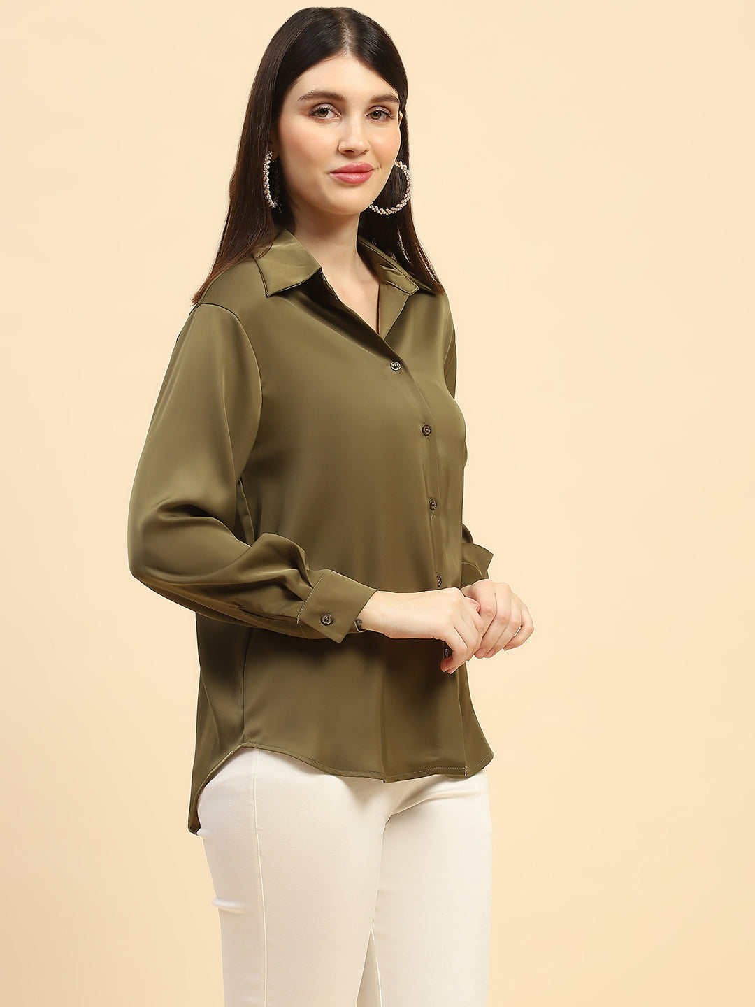 Russion Olive Solid Poly Blend Relaxed Fit Shirt