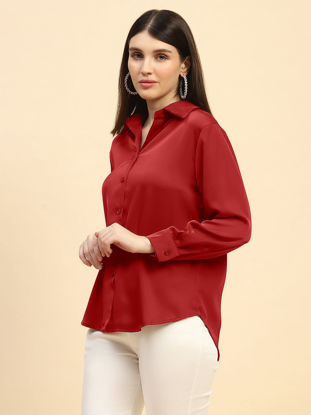 Red Solid Poly Blend Relaxed Fit Shirt