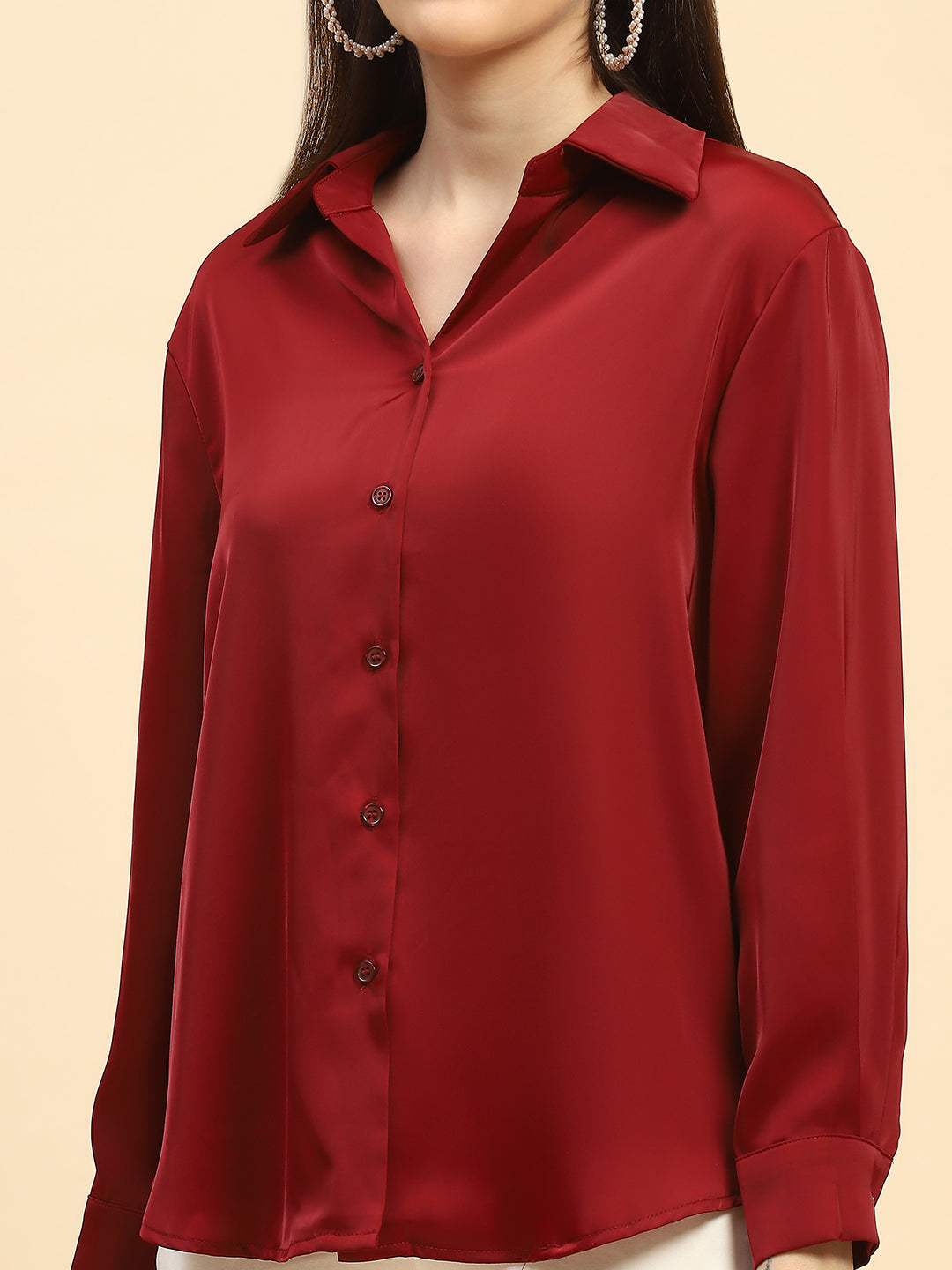 Red Solid Poly Blend Relaxed Fit Shirt