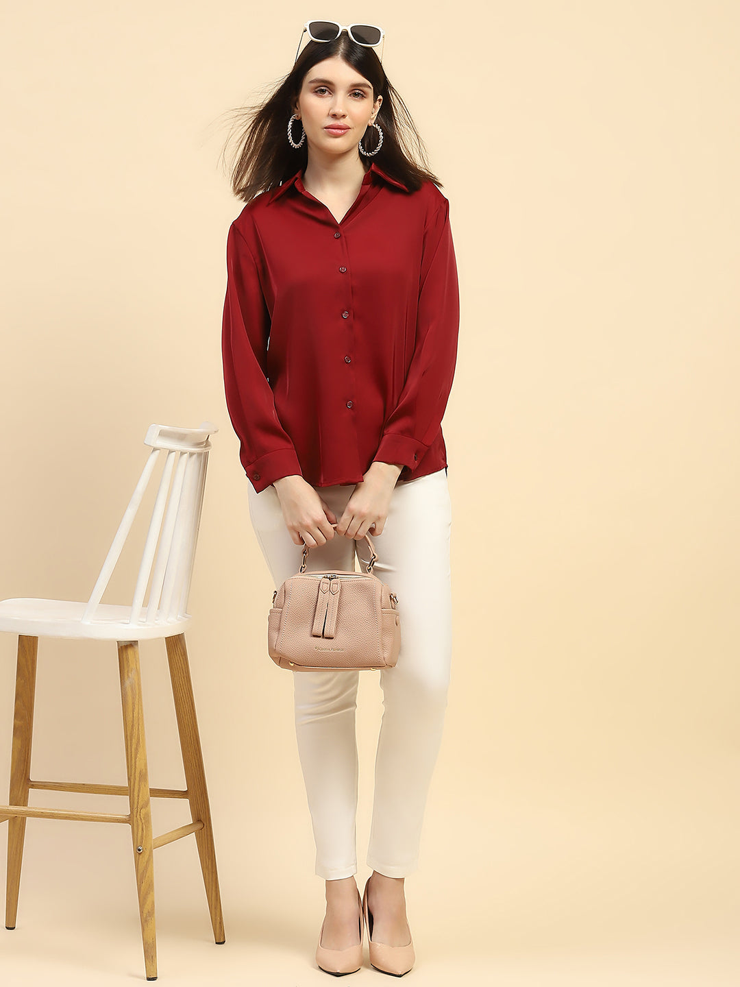 Red Solid Poly Blend Relaxed Fit Shirt