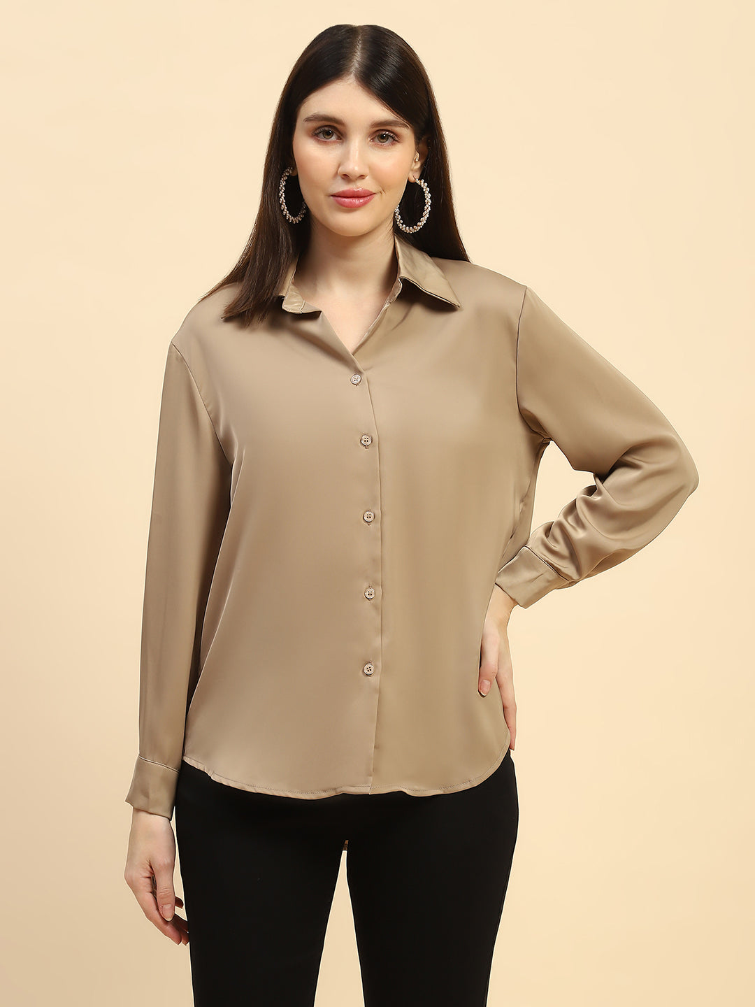 Champagne Solid Poly Blend Relaxed Fit Shirt