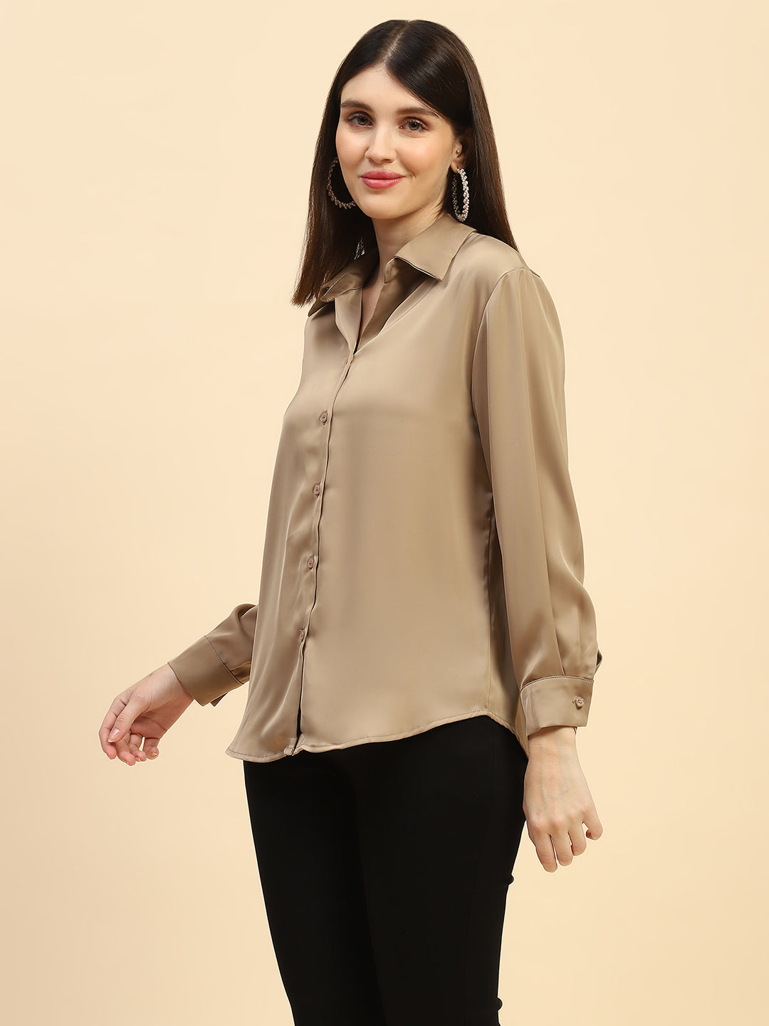 Champagne Solid Poly Blend Relaxed Fit Shirt