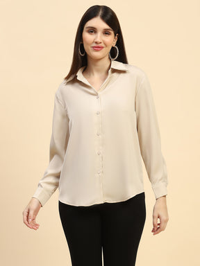 Sand Solid Poly Blend Relaxed Fit Shirt