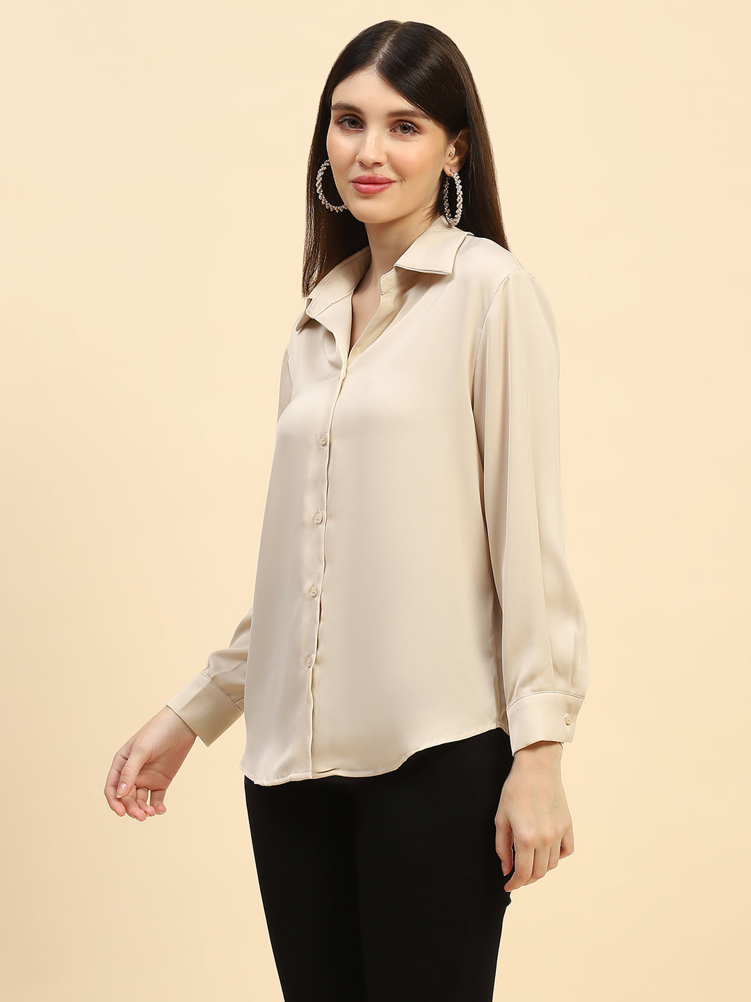 Sand Solid Poly Blend Relaxed Fit Shirt