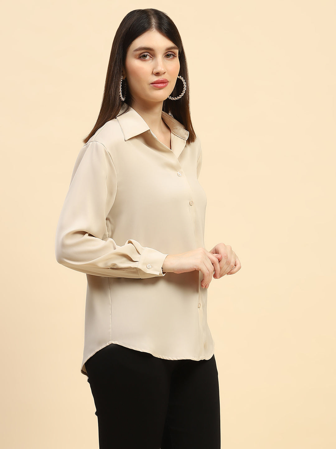 Sand Solid Poly Blend Relaxed Fit Shirt