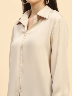 Sand Solid Poly Blend Relaxed Fit Shirt