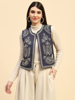 Navy Blue Embroidery Cotton Relaxed Fit Waist Coat