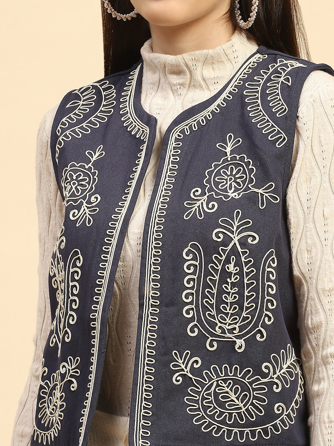 Navy Blue Embroidery Cotton Relaxed Fit Waist Coat