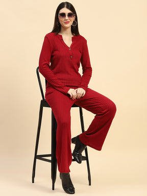 Wine Solid Poly Blend Slim Fit Night Suit