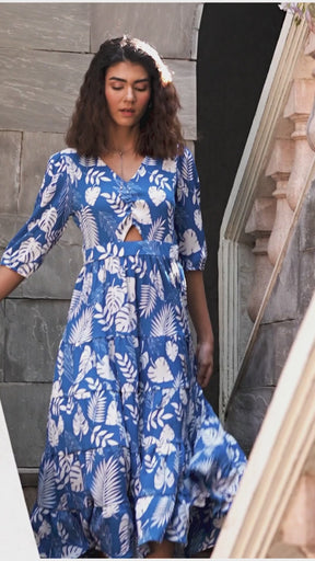 Blue And White Tropical Print Polycotton Fit & Flare Dress