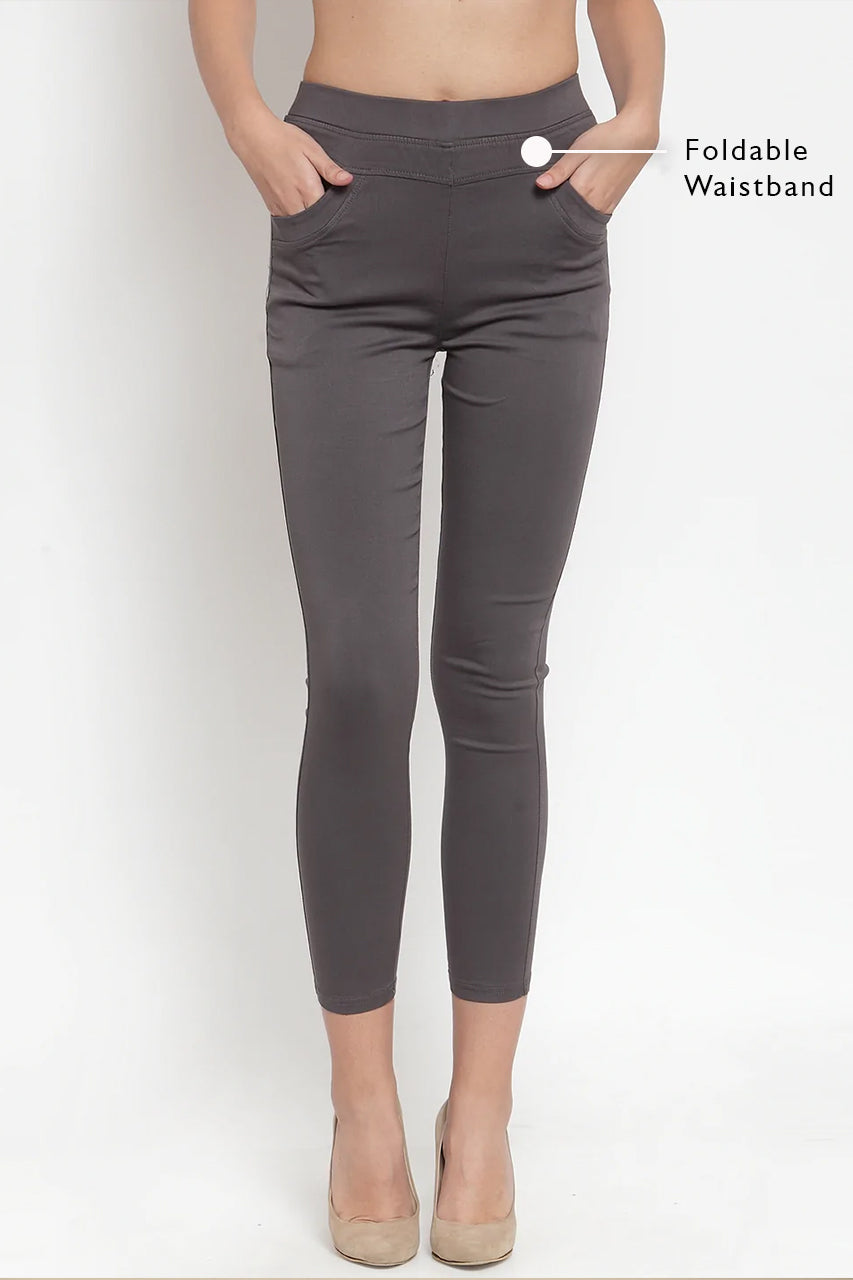 Buy Women Mid-Rise Grey Ankle Length Stretchable Jegging - Global