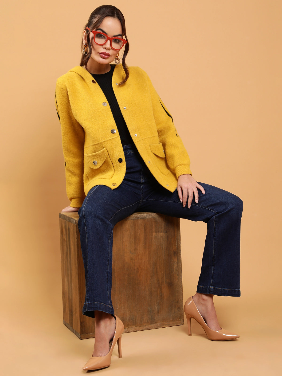 Women Mustard Regular Fit Printed Hooded Jacket
