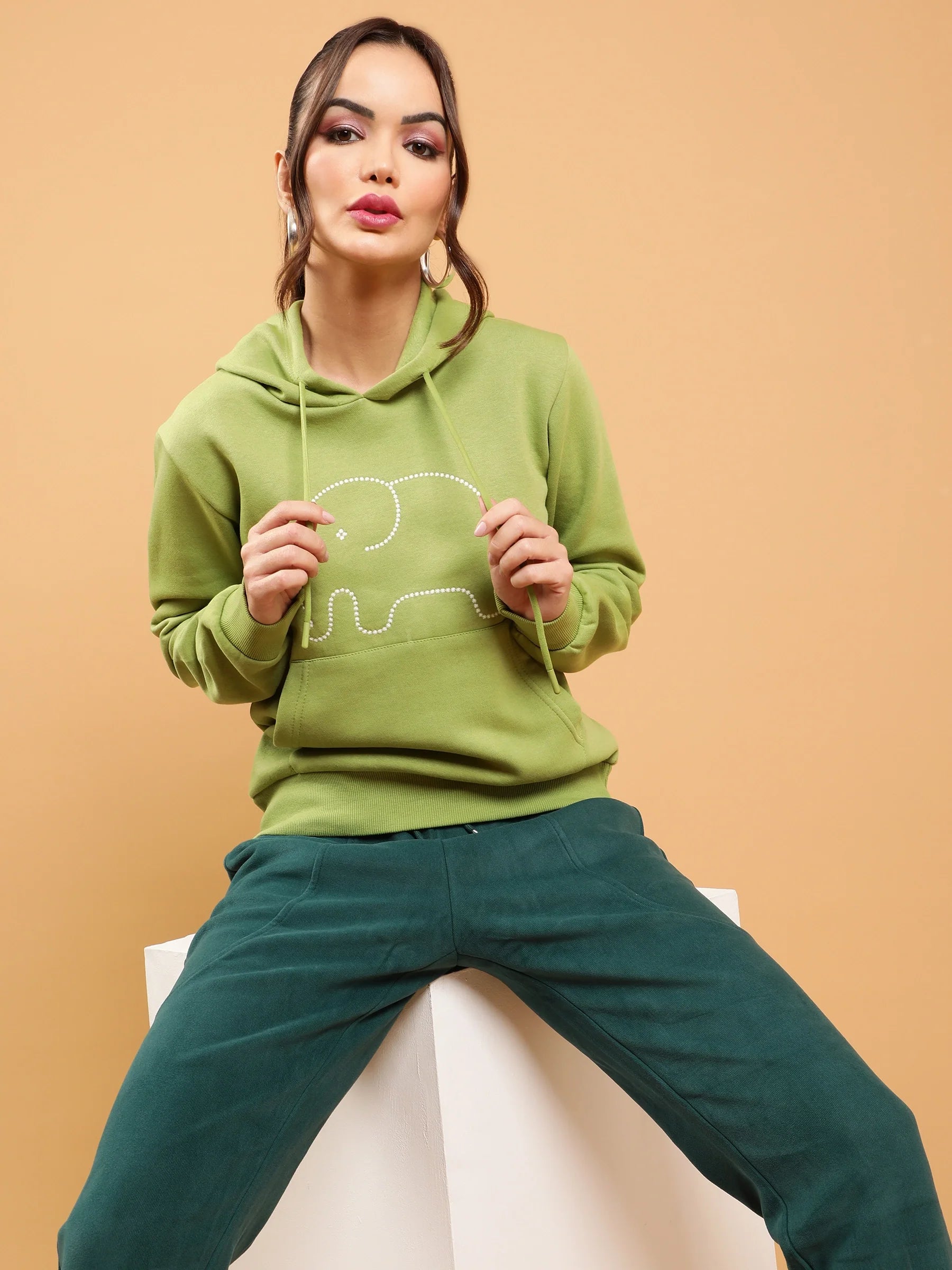 Women Green Kangaroo Pocket Elephant Loose Fit Fleece Sweatshirt