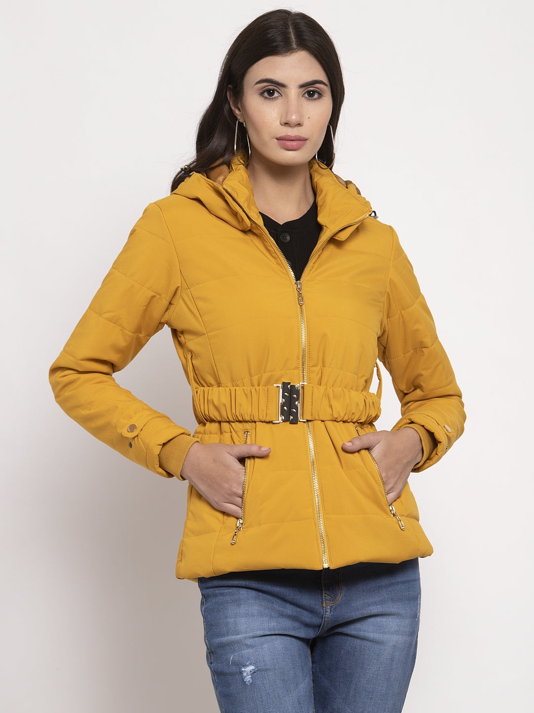 Women Mustard Solid Hooded Jacket