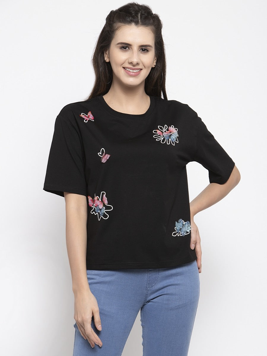 Women Solid Black Round Neck T-Shirt