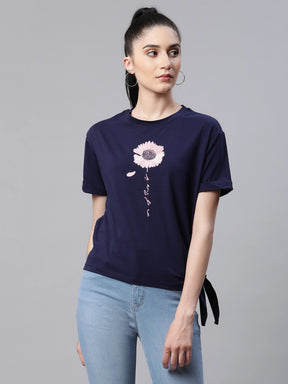 Women Embroidered Navy Blue Cotton Regular Fit Top