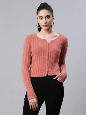 Women Pink Knit Slim Fit Casual Cardigan