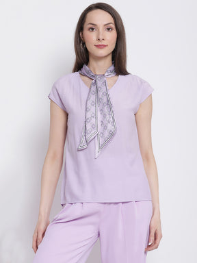 Women Lavender V-Neck Top with Scarf