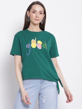 Women Green Printed Top with Knot Details at Hem