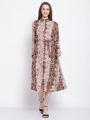 Women White & Brownish Print Cobray Snake Print Knee Length Dress