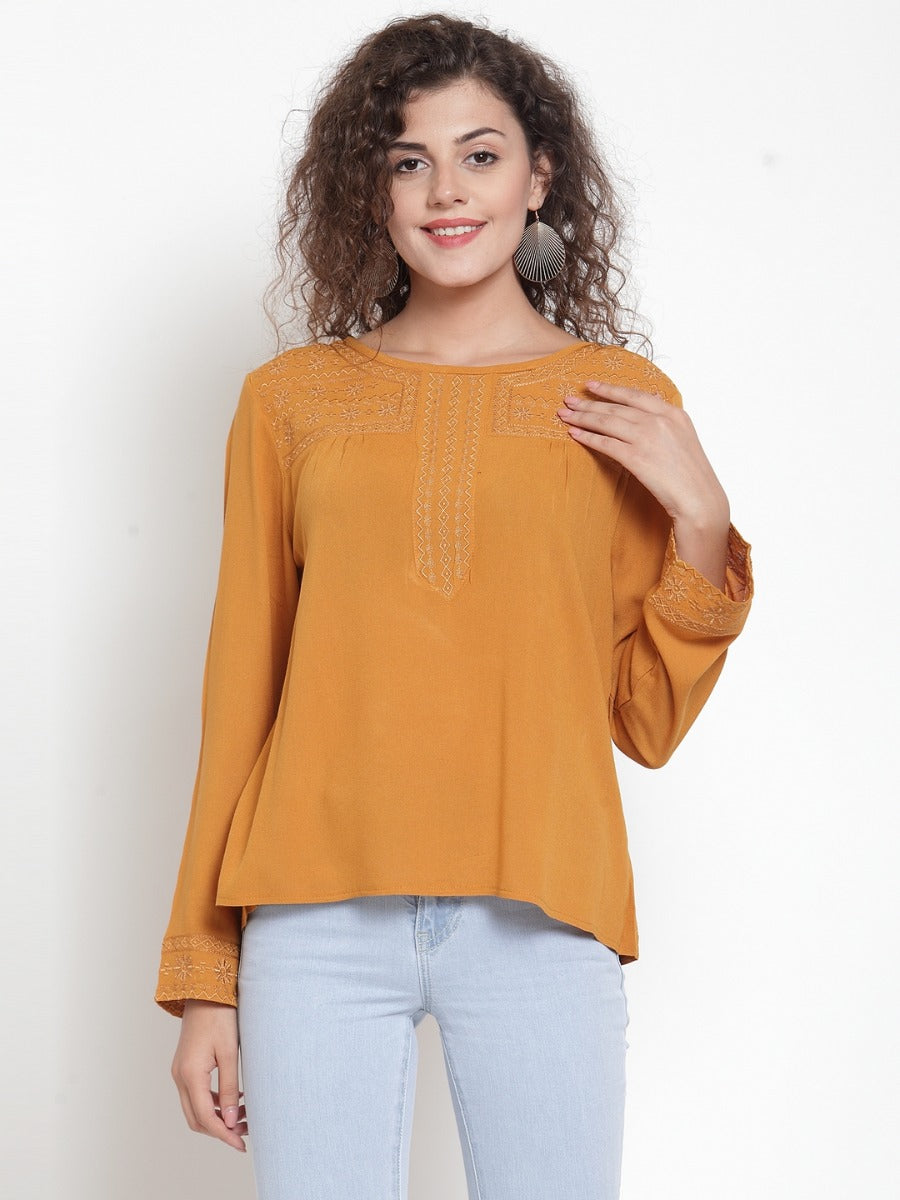 Women Mustard Chikan Embroidered Blouson Top