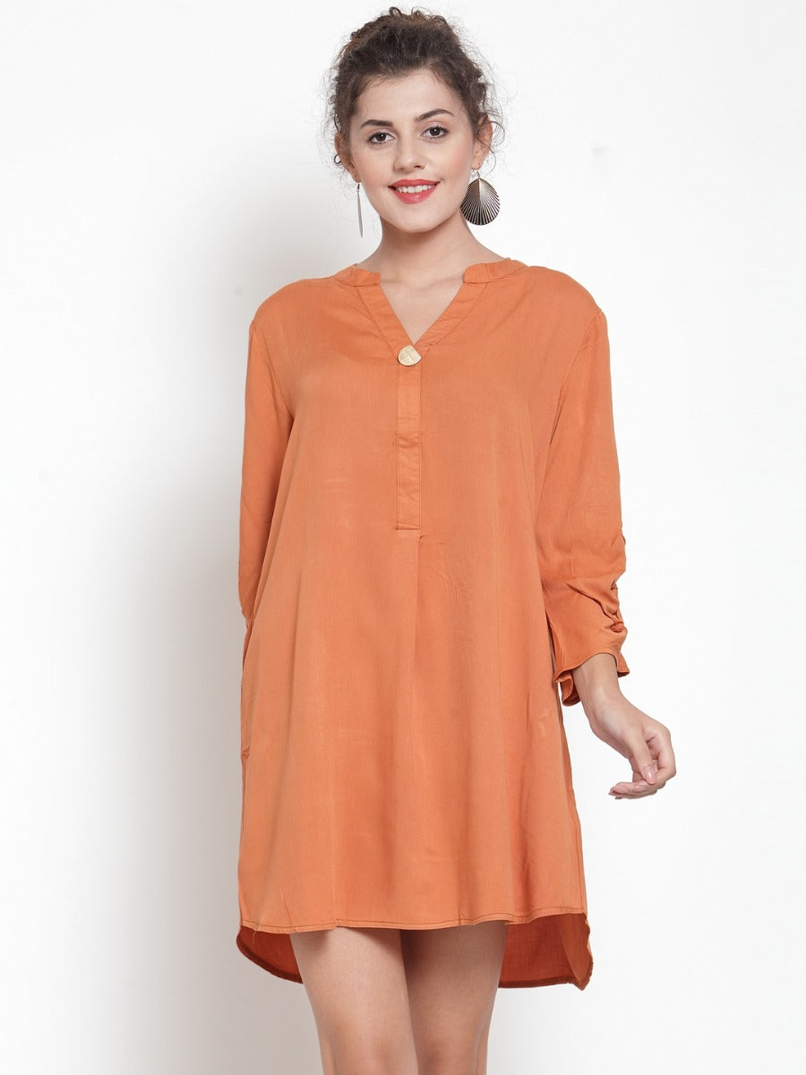 Women Solid Rust Mandarin Collar Kurta