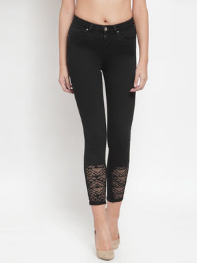 Women Black Denim Jeans With Lace