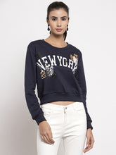 Women Navy Blue Round Neck Printed Sweatshirt