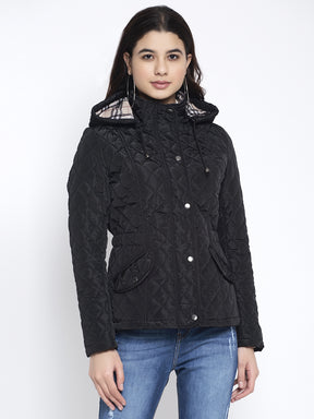 Women Black Hooded Straight Fit Jacket