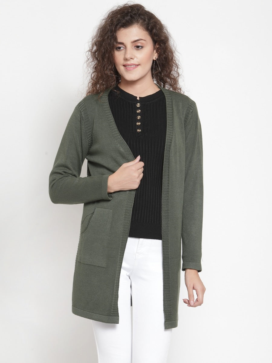 Global Republic Women Olive Green Solid Open Front Shrug