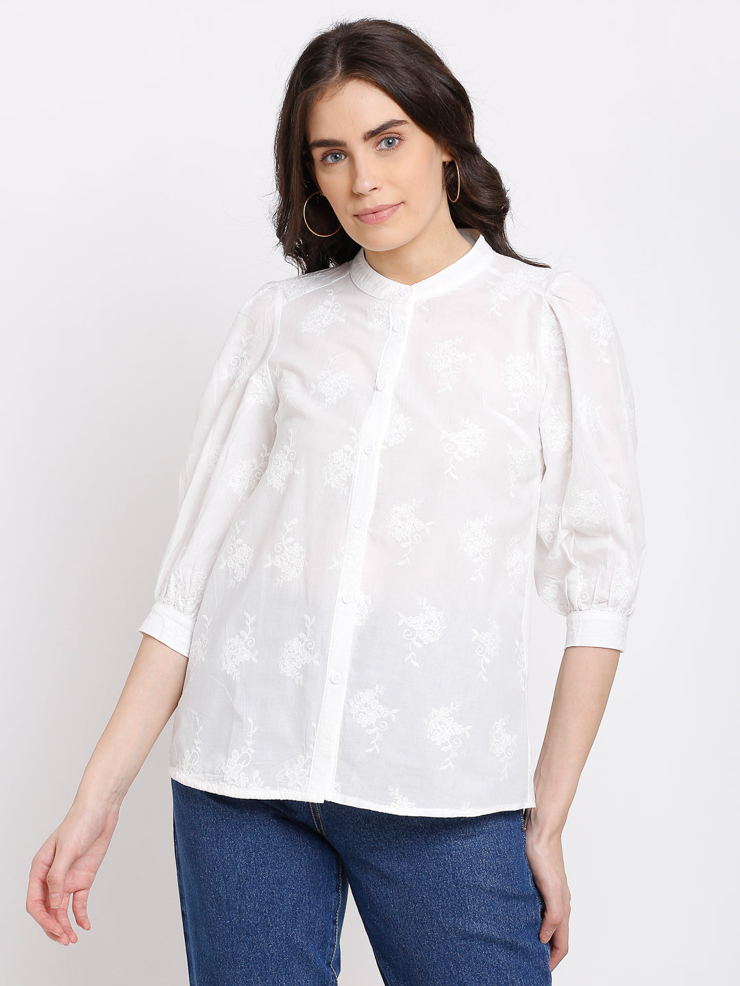 Women Off White Cotton Solid Mandarin Collar Shirt