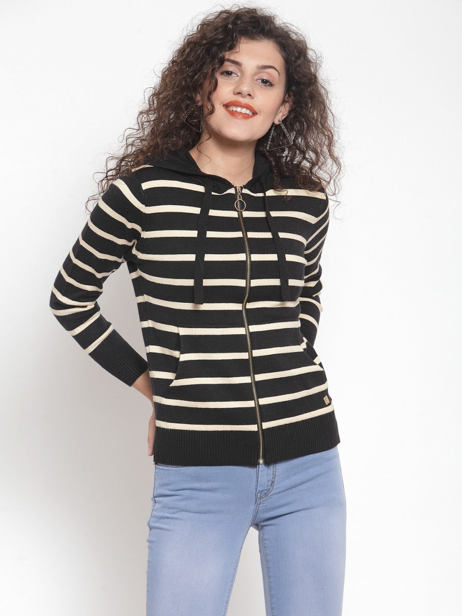 Global Republic Women Black & White Striped Front Open Woolen Sweater